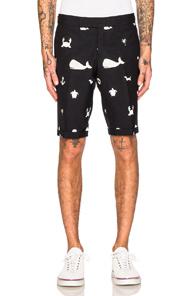 Thom Browne Tonal Multi Icon Fun Mix Shorts In Blue,animal Print