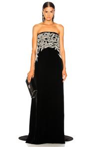 Oscar De La Renta Leaf Embroidered Velvet Strapless Gown In Black