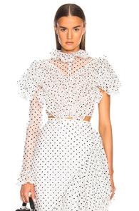Rodarte Flocked Tulle One Sleeve Cropped Blouse In Geometric Print,white