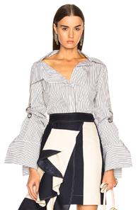 Monse Scrunche Sleeve Grommet Shirt In Blue,stripes,white