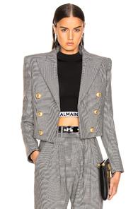 Balmain Double Breasted Cropped Blazer In Black,plaid,white