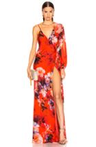 Michelle Mason Asymmetrical Wrap Gown In Floral,red