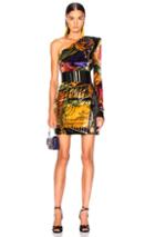 Versace Printed One Shoulder Mini Dress In Abstract,black,yellow,purple