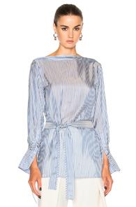Calvin Klein Collection Keith Bis Boat Neck Belted Cuffed Shirt In Blue,stripes