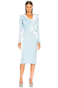 Versace Off Shoulder Ruched Midi Dress In Blue