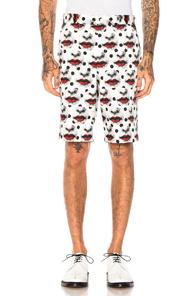 Comme Des Garcons Homme Plus Ester Satin Inkject Print Shorts In Abstract,black,geometric,red,white