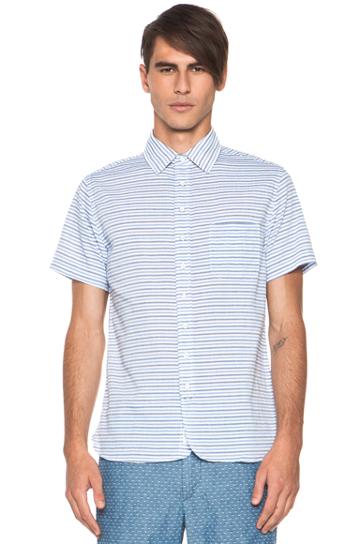 Rag & Bone Short Sleeve 3/4 Placket Shirt In Stripes,blue