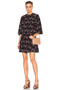 Valentino Heart Print Bell Sleeve Mini Dress In Abstract,black,pink