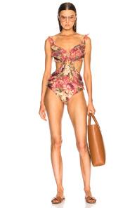 Zimmermann Melody Frill Off Shoulder Swimsuit In Floral,neutrals,pink