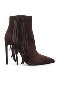 Saint Laurent Paris Fringe Suede Booties In Brown