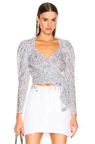 Attico Long Sleeve Wrap Top In Metallic