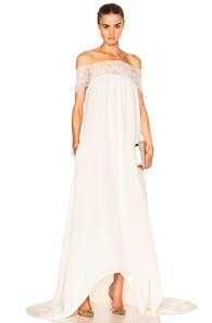 Self-portrait Lace Detail Off Shoulder Wedding Dress In Neutrals