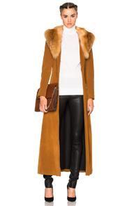Theperfext Penny Lane Long Suede Coat With Fox Fur Collar In Brown
