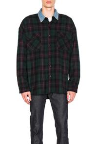 Fear Of God Denim Collared Oversized Flannel In Blue,checkered & Plaid,green