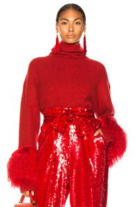 Sally Lapointe Cashmere Turtleneck Sweater With Lamb Shearling In Red