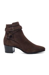 Saint Laurent Wyatt Suede Buckle Boots In Brown