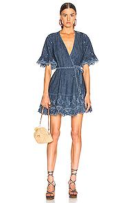 Jonathan Simkhai Eyelet Embroidered Wrap Dress In Denim Medium