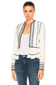 Talitha Pleated Peplum Jacket In Abstract,blue,white