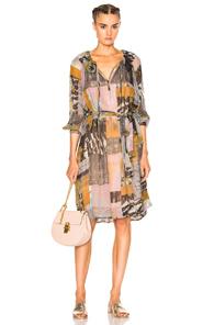 Raquel Allegra Ruffle Neck Swing Dress In Neutrals,gray,pink,abstract