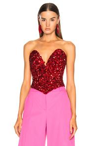 Oscar De La Renta Sequin Bustier Top In Red