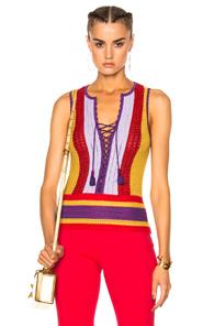 Roberto Cavalli Lace Up Top In Abstract,red,purple,yellow