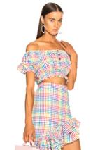 Caroline Constas Bardot Crop Top In Blue,checkered & Plaid,pink