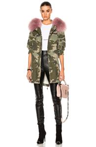 Mr & Mrs Italy Midi Parka Jacket With Raccoon Fur In Green,neutrals