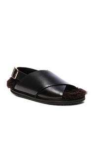 Marni Cross Strap Lamb Fur Sandals In Black
