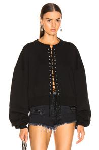 Unravel Terry Lace Up Crew Sweater In Black