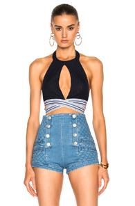 Pierre Balmain Cut Out Crop Top In Blue,stripes