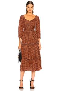Sea Ethno Pop 3/4 Sleeve Ruched Midi Dress In Orange,checkered & Plaid