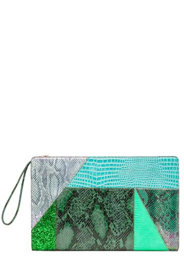 Stella Mccartney Oversized Patchwork Clutch In Green,animal Print