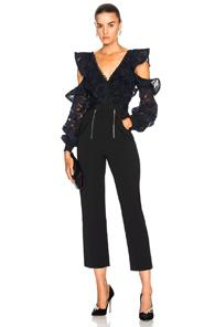 Self-portrait Camo Lace Frill Jumpsuit In Black,blue