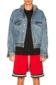 Fear Of God Selvedge Denim Terry Hooded Trucker Jacket In Blue