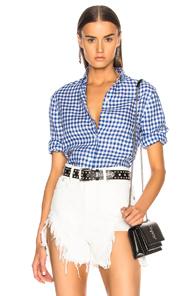 R13 3/4 Sleeve Summer Oxford Shirt In Blue,checkered & Plaid
