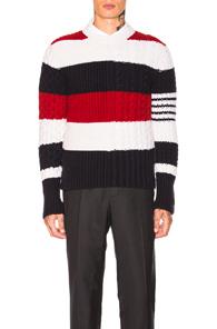 Thom Browne Chunky Cable Classic Crewneck Pullover In Blue,red,stripes,white