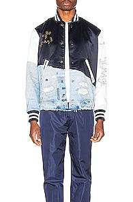 Greg Lauren Denim Varsity Jacket In Blue,white