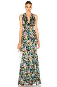 Cushnie Et Ochs Christina Cowl Draped Gown In Green,floral,abstract
