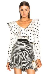 Self-portrait Printed Star Frilled Top In Geometric Print,white
