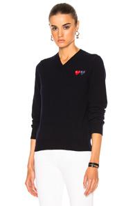Comme Des Garcons Play Double Emblem V Neck Sweater In Blue