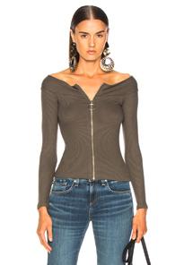 Enza Costa Rib Exposed Shoulder Zip Front Long Sleeve In Green