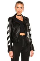 Off-white Diagonal Sleeve Leather Biker Jacket In Black,stripes,white