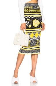 Msgm Midi Knit Skirt In Geometric Print,yellow