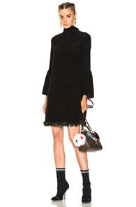 Fendi Pom Pom Trim Long Sleeve Mini Dress In Black