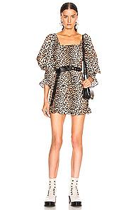 Ganni Cotton Silk Dress In Animal Print,neutral