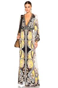 Etro Beaded Long Dress In Yellow,floral,abstract