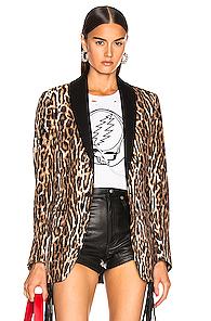 R13 Shawl Lapel Tuxedo Blazer In Animal Print,brown