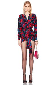Saint Laurent Floral Draped Plunging Mini Dress In Red