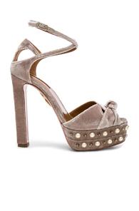 Aquazzura Velvet Harlow Pearls Pleateau Heels In Neutrals