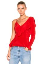 Diane Von Furstenberg Asymmetrical Sleeve Ruffle Front Blouse Top In Red